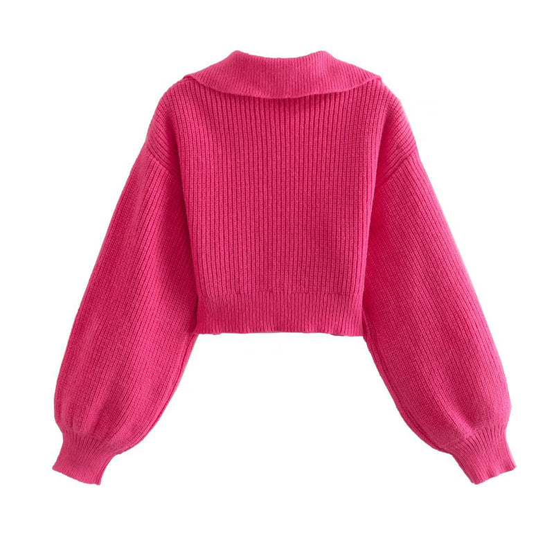 lapel lantern sleeve short knit sweater, view 2 - MRSLM