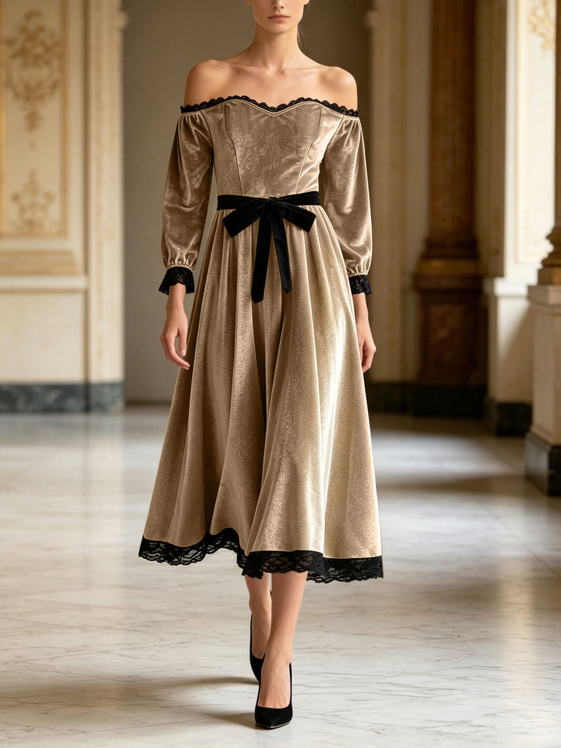 Off-shoulder velvet midi dress with lace trim and bow, view 3 - MRSLM