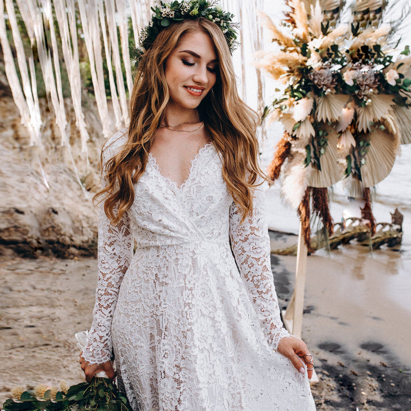 white lace deep V-neck long dress - MRSLM
