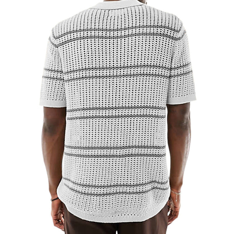 men's knitted lapel short sleeve hollow cardigan, view 5 - MRSLM