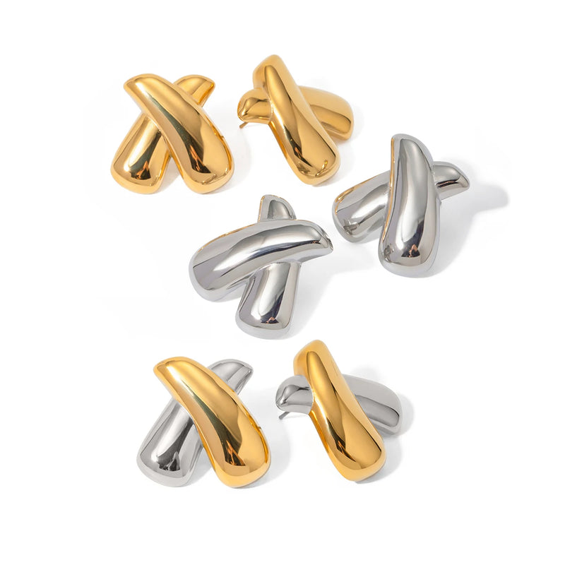 gold plated chubby X stud earrings, view 9 - MRSLM