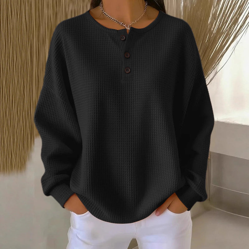 Waffle Long-sleeved T-shirt Fashion Solid Color Buttons Round Neck Pullover Top Women's Clothing