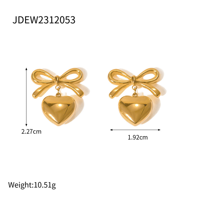 18K gold plated bow heart pendant earrings, view 3 - MRSLM