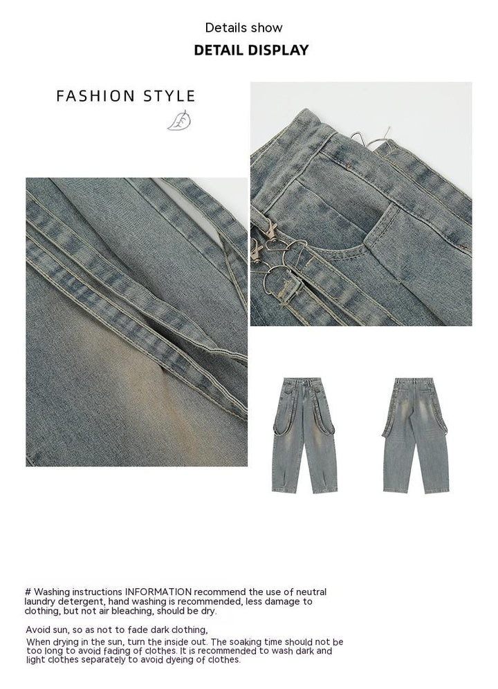 Spring Retro Minority Ribbon Design Versatile Washed Distressed Casual Pants