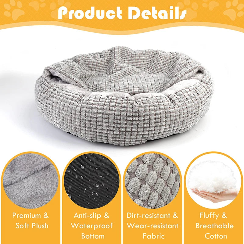 cozy hooded fluffy round pet bed, view 8 - MRSLM
