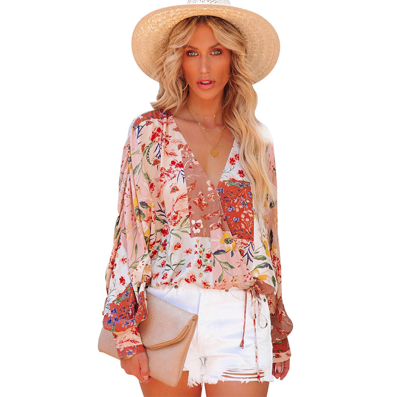 floral v-neck long sleeve loose shirt, view 7 - MRSLM