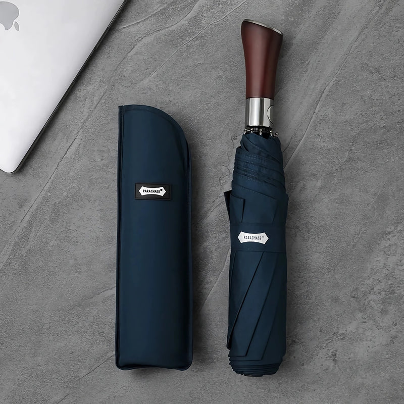 automatic folding umbrella with wooden handle, view 5 - MRSLM