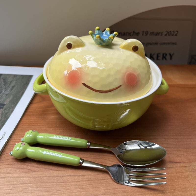 ceramic frog instant noodle bowl with lid, view 11 - MRSLM