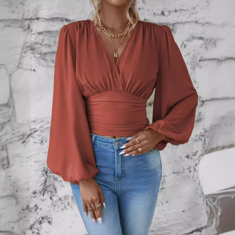 V-neck pleated long sleeve top, view 4 - MRSLM