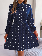 polka dot self-tie long sleeve pleated dress, view 4 - MRSLM