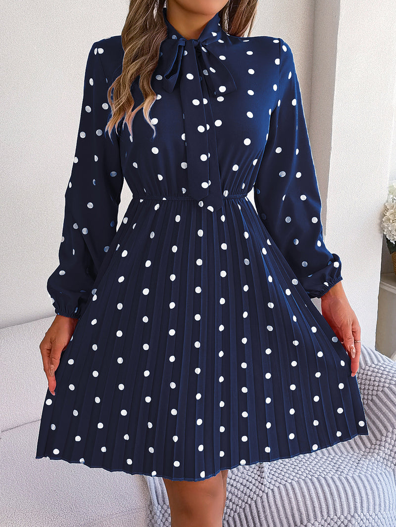 polka dot self-tie long sleeve pleated dress, view 4 - MRSLM