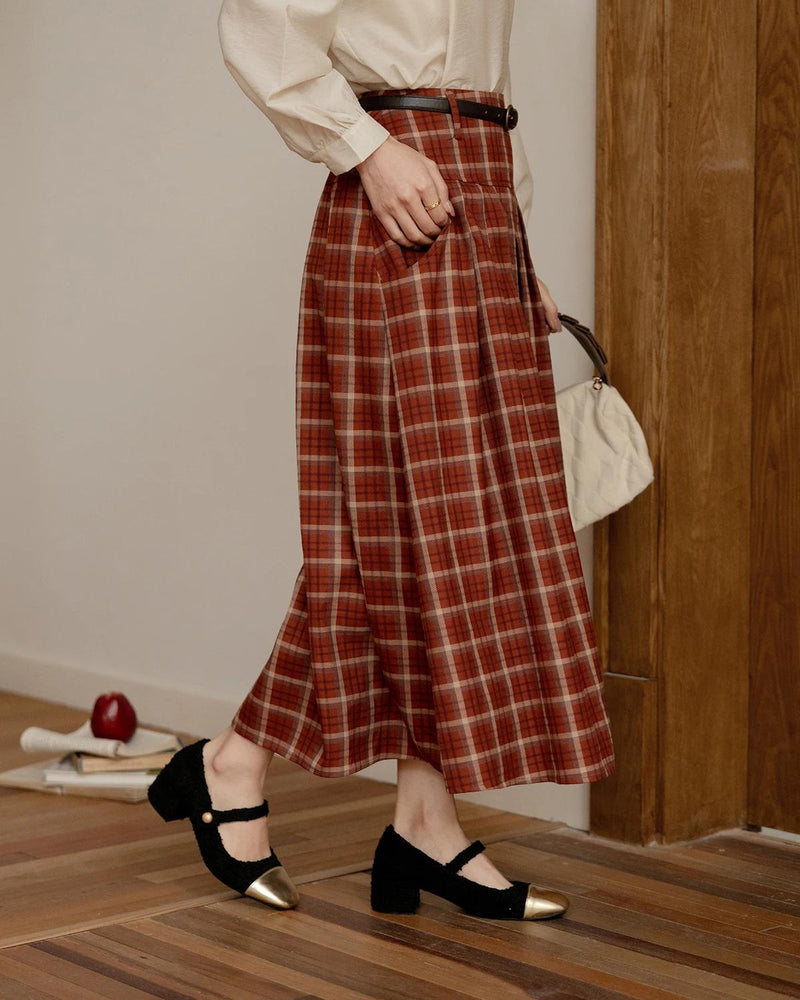 red plaid pleated midi skirt, view 3 - MRSLM