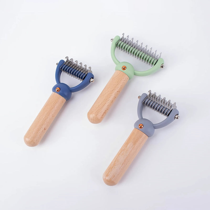 double-sided pet hair comb with wooden handle, view 12 - MRSLM