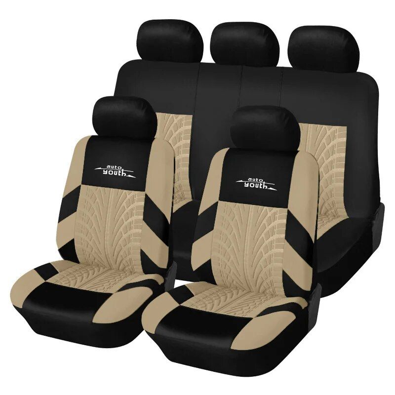 embroidered car seat covers with tire track detail, view 2 - MRSLM