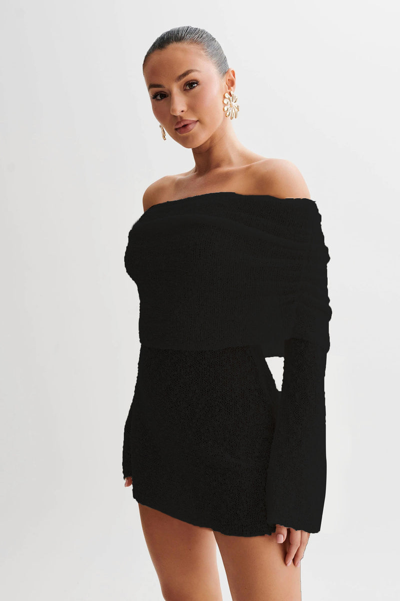Women's hollow-out off-shoulder long sleeve short dress, view 7 - MRSLM