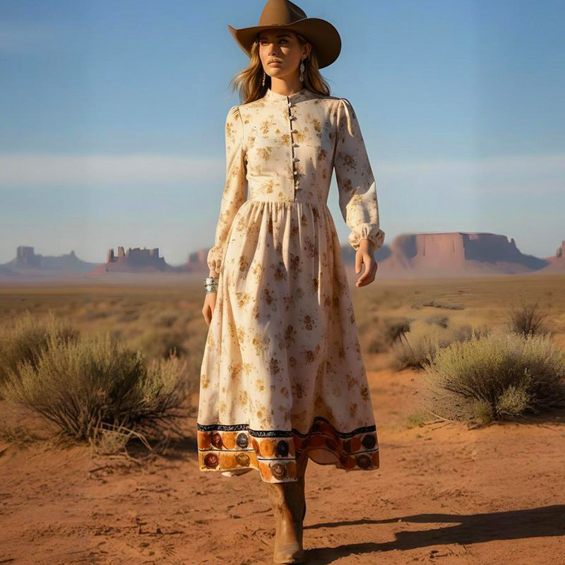 Women's vintage floral long sleeve button maxi dress - MRSLM