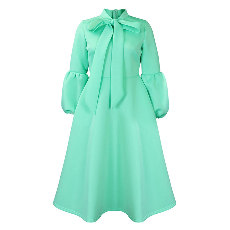 puff sleeve lace-up swing dress, view 9 - MRSLM