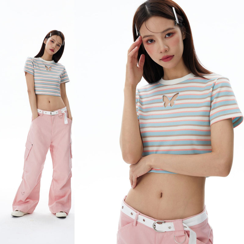striped butterfly embroidered crop t-shirt - MRSLM