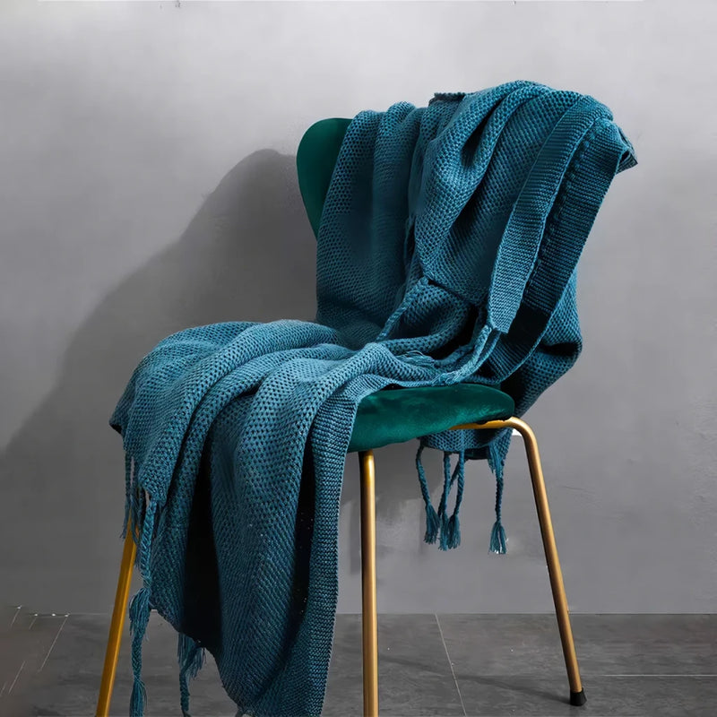 nordic wool knitted tassel blanket, view 6 - MRSLM