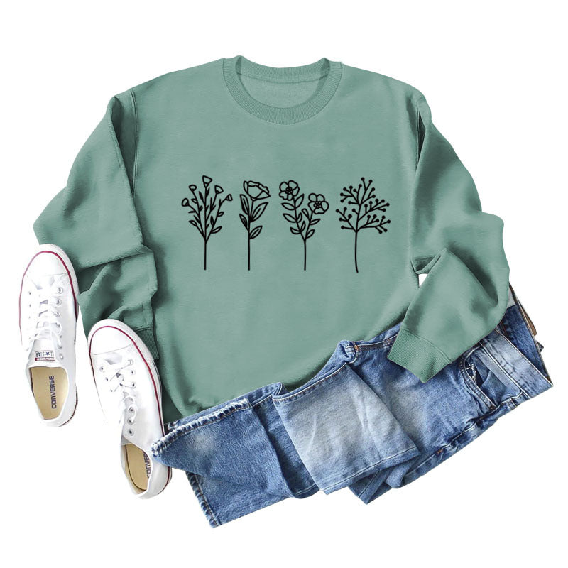 Four Flowers Printed Casual Long Sleeve Sweatshirt