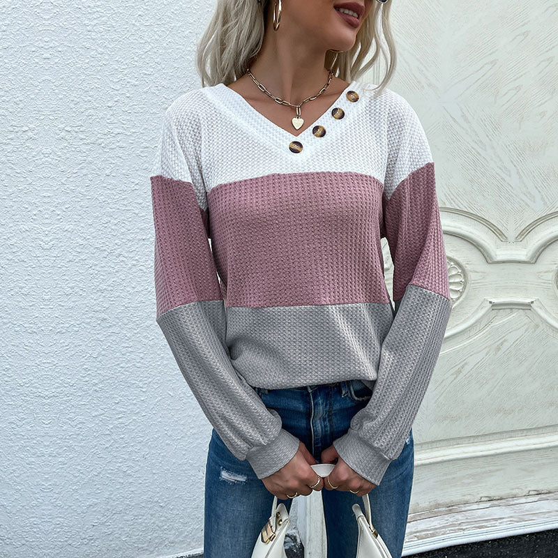 women's color block v-neck waffle knit pullover, view 4 - MRSLM