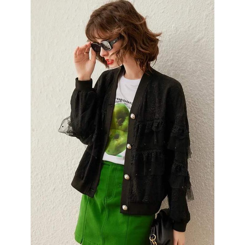 women's mesh lace beaded v-neck coat, view 3 - MRSLM