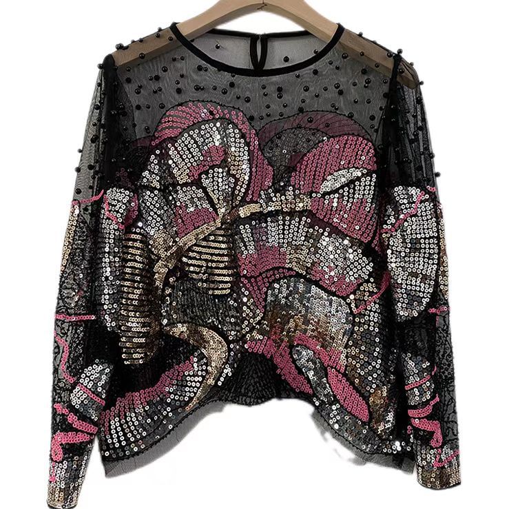 beaded sequin mesh top, view 3 - MRSLM
