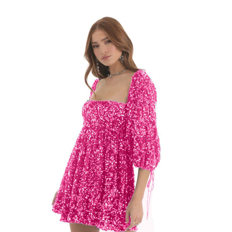Sequin square collar swing dress, view 8 - MRSLM