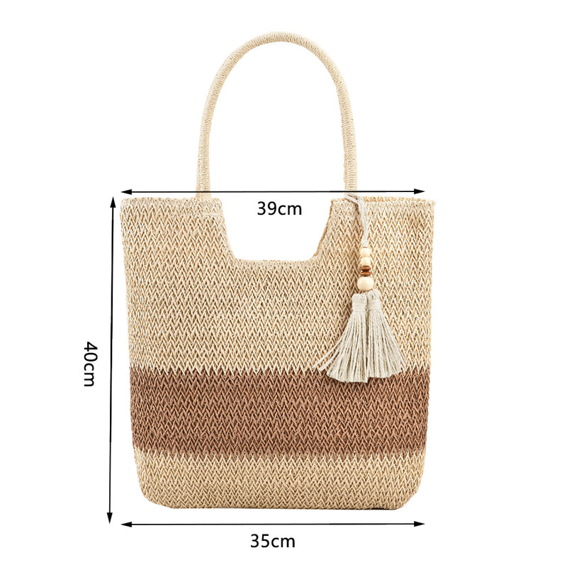 boho woven paper rope tote bag with tassels, view 9 - MRSLM