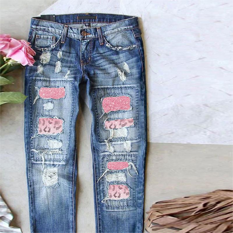 Women's Ripped Jeans with Printed Patch, Casual Trousers