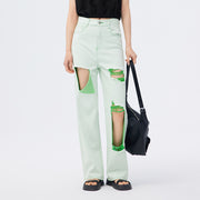 Green wide leg jeans for women, view 2 - MRSLM