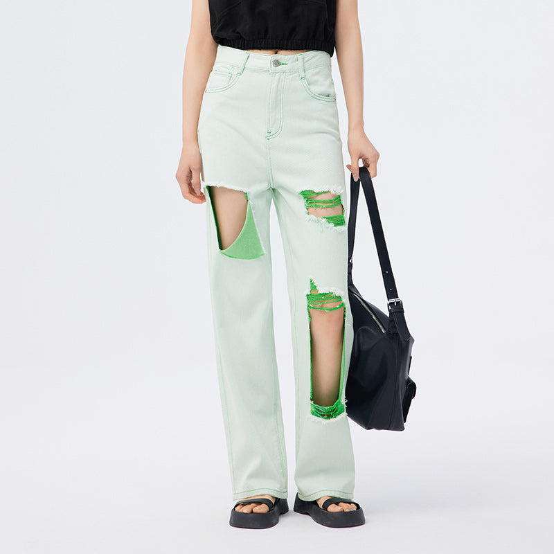 Green wide leg jeans for women, view 2 - MRSLM