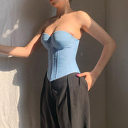 Y2K faux denim tube top with back-tied design, view 2 - MRSLM