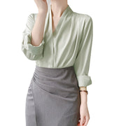 women's v-neck satin shirt top, view 2 - MRSLM