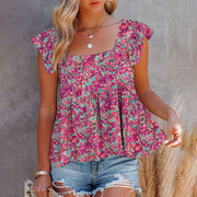 women's floral ruffle cuff vest top, view 5 - MRSLM