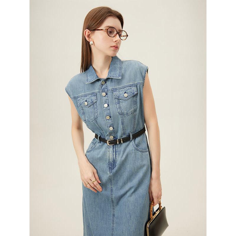 Sleeveless cotton denim dress, view 2 - MRSLM