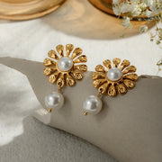18k gold plated sunflower pearl earrings, view 3 - MRSLM