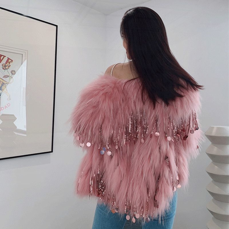 P8A Long Fur Environmental Protection Faux Fox Fur Tassel Fur Coat