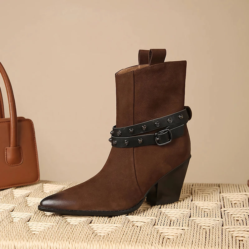 pointed toe chunky heel leather boots for women, view 8 - MRSLM