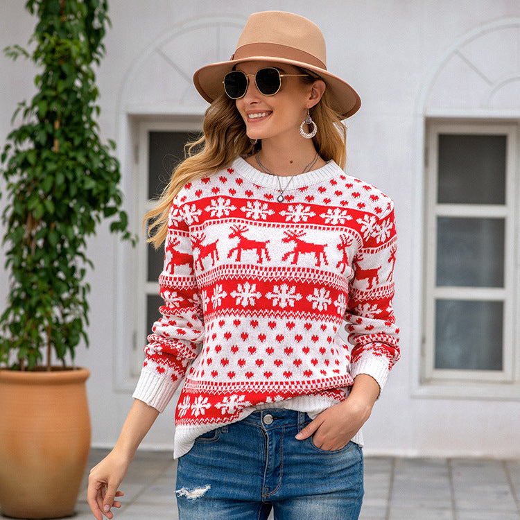 Women's Christmas reindeer snowflake knit sweater, view 5 - MRSLM