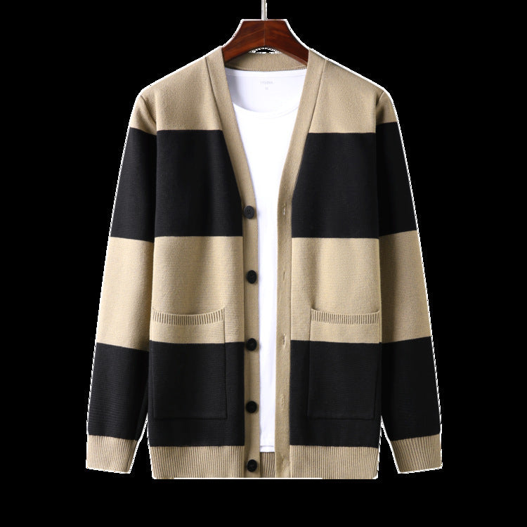 Spring And Autumn Men's Striped Cardigan Single-breasted Long Sleeve Color Matching Casual Sweater Coat