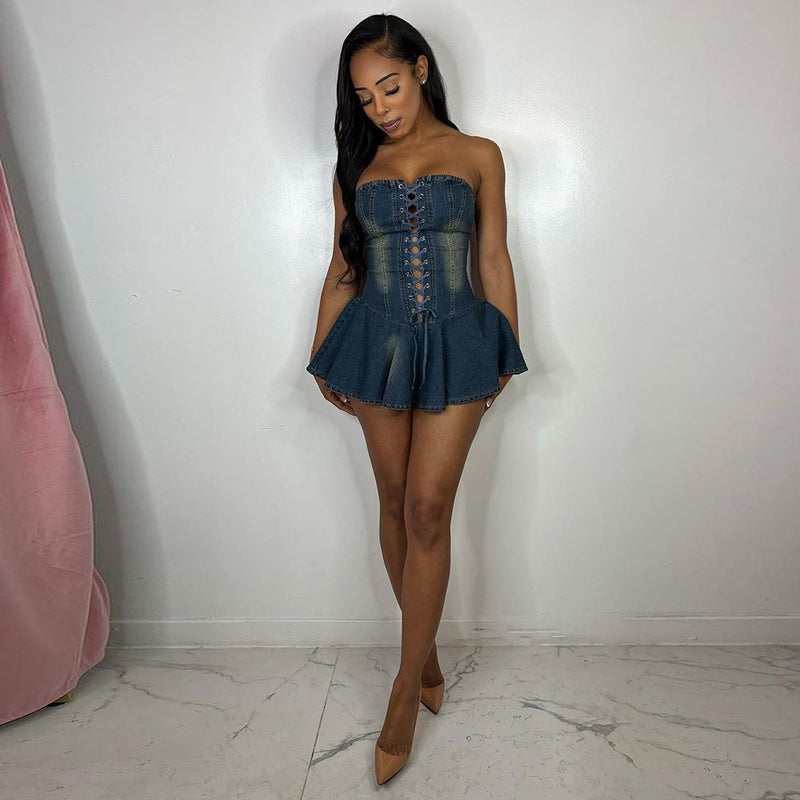 Women's zipper lace-up denim dress, view 3 - MRSLM