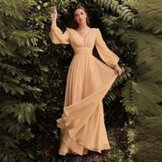 long sleeve chiffon deep V dress, view 3 - MRSLM