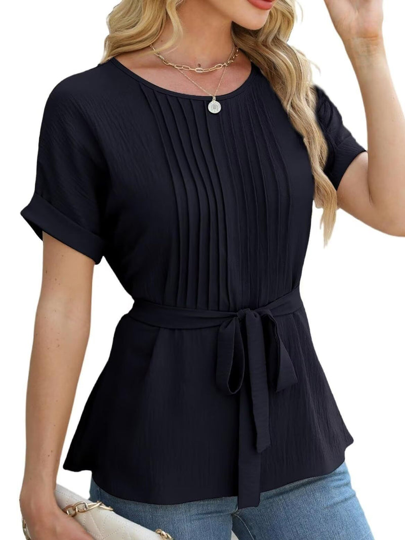 Women's ruffled pleated round neck top, view 8 - MRSLM