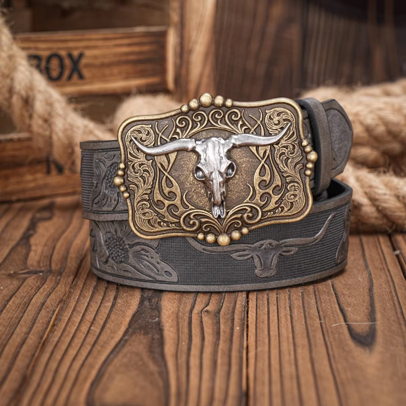 western cowboy pu leather belt with bull decoration, view 2 - MRSLM
