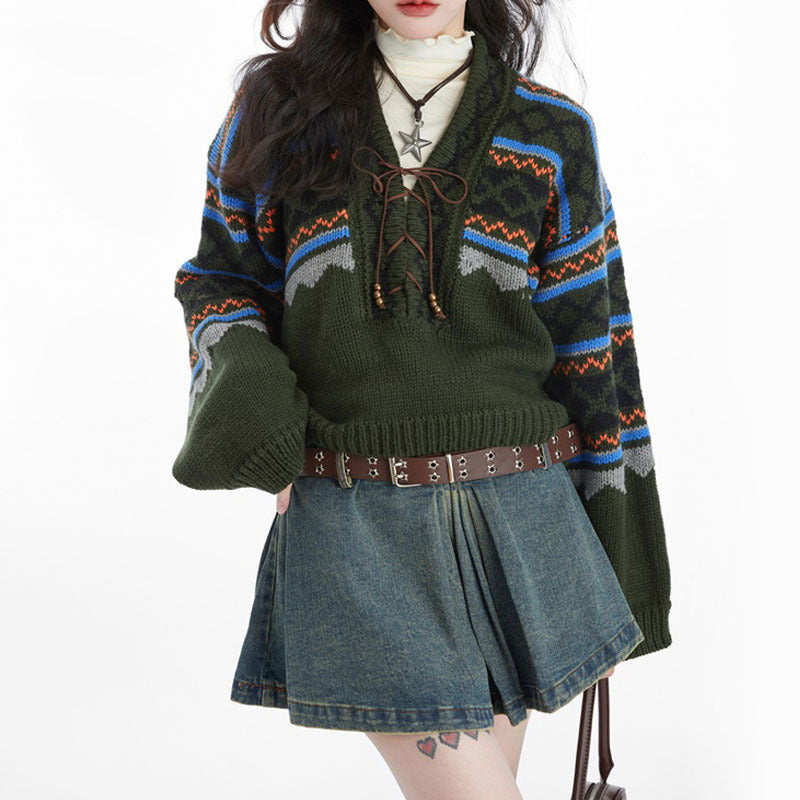 women's retro loose knit pullover sweater green, view 8 - MRSLM