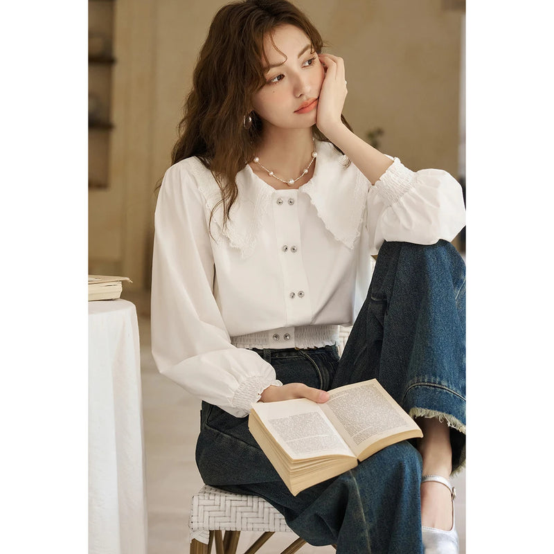 korean doll neck lace patchwork bubble sleeve top, view 2 - MRSLM