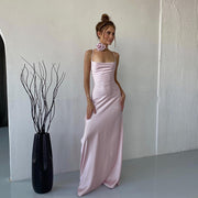 Halter backless lace-up split dress, view 4 - MRSLM