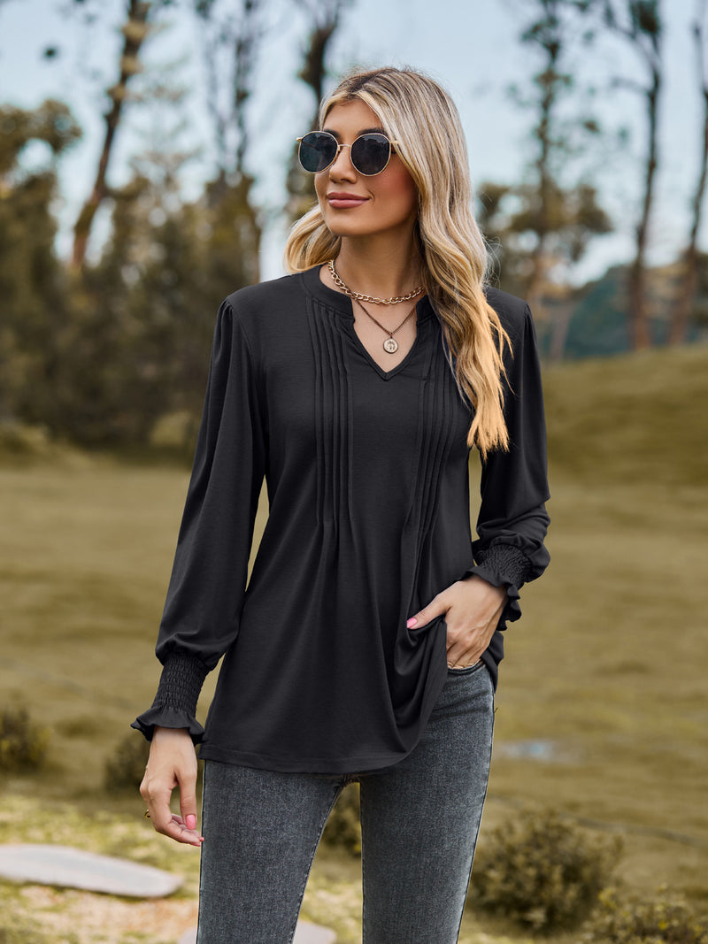 women's puff sleeve smocked v-neck top, view 3 - MRSLM