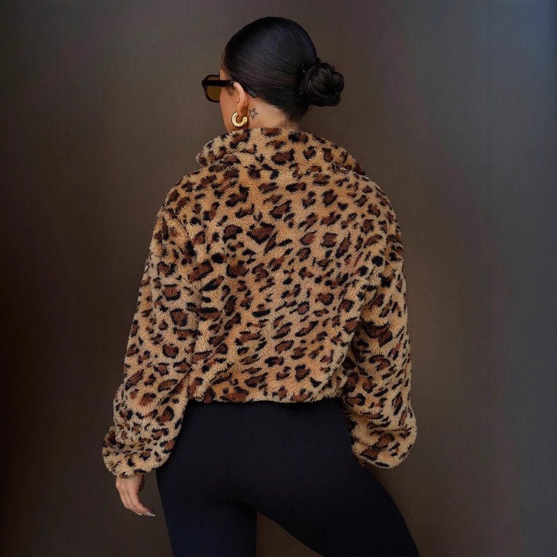 Women's leopard print faux fur zip jacket, view 4 - MRSLM